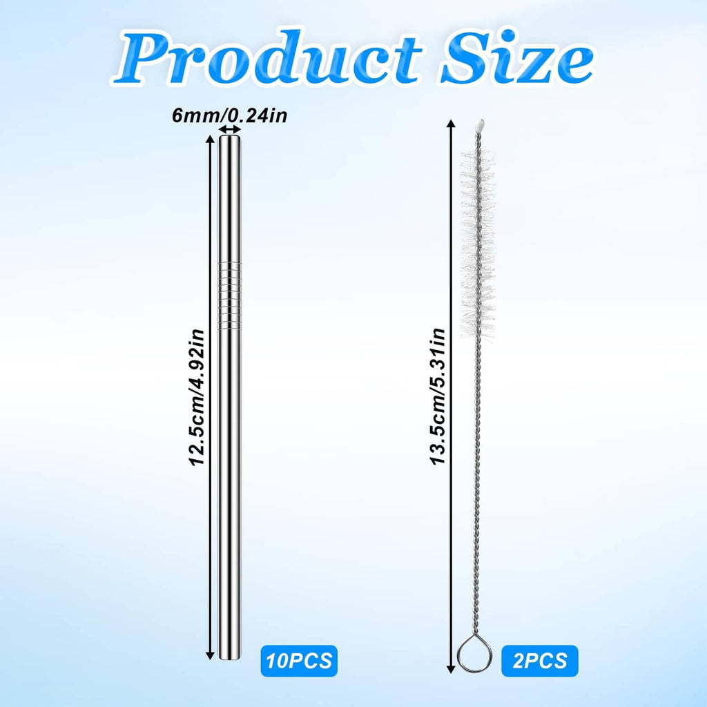 Stainless steel cocktail straw size diagram with two lengths and 6mm width
