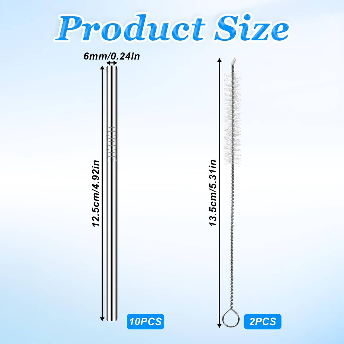 Stainless steel cocktail straw size diagram with two lengths and 6mm width