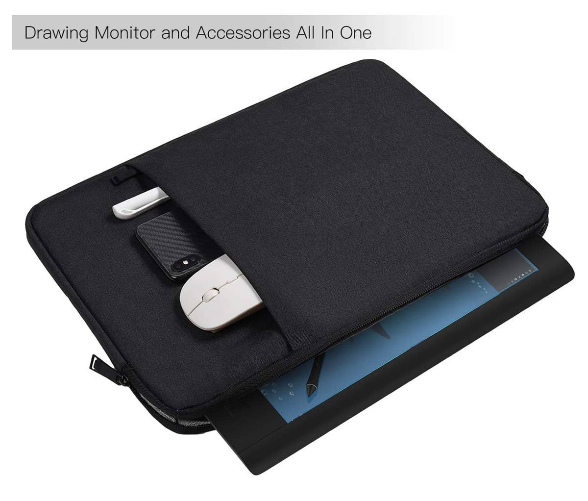 Black padded tablet sleeve case with flap open and accessories in inner pocket