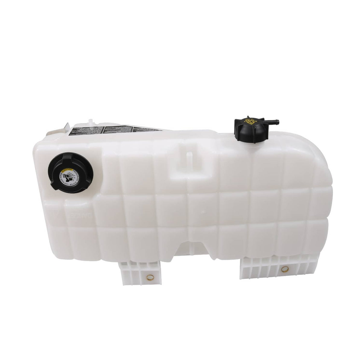 Coolant recovery reservoir tank bottle with black cap and mounting plate, white plastic