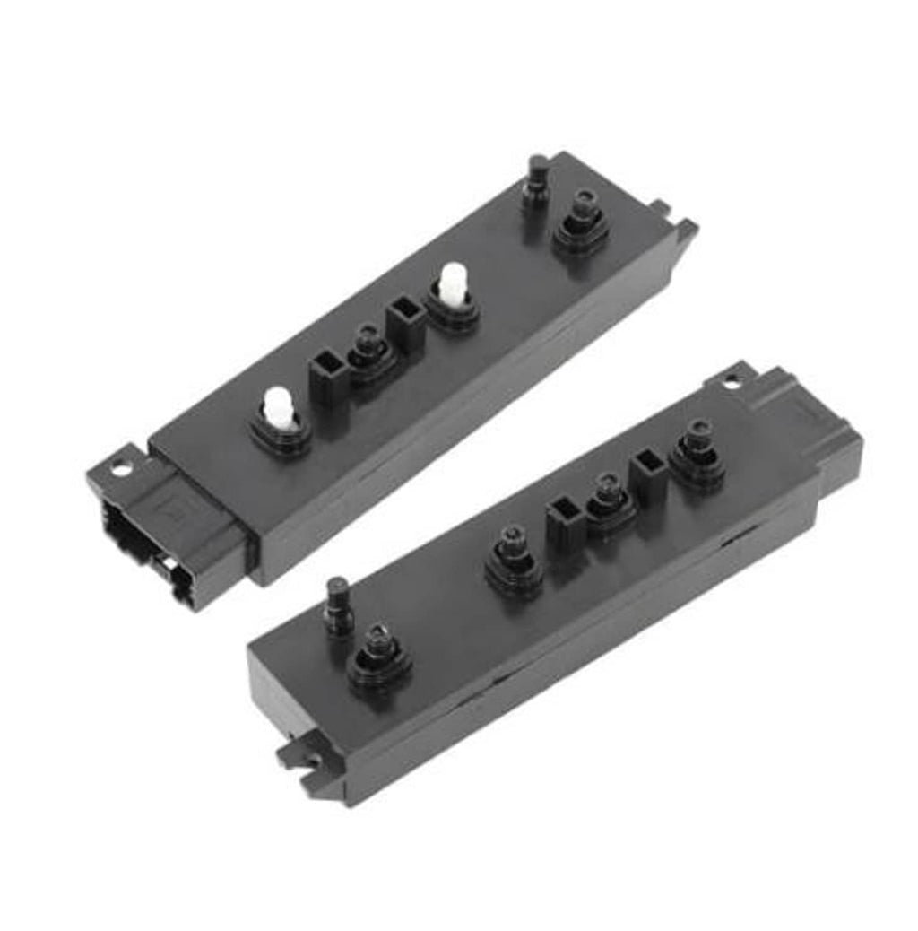 Car seat power switch module, dark gray with four round buttons and mounting tabs