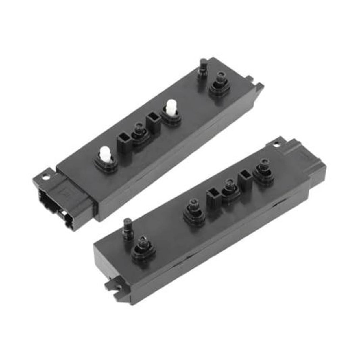 Car seat power switch module, dark gray with four round buttons and mounting tabs