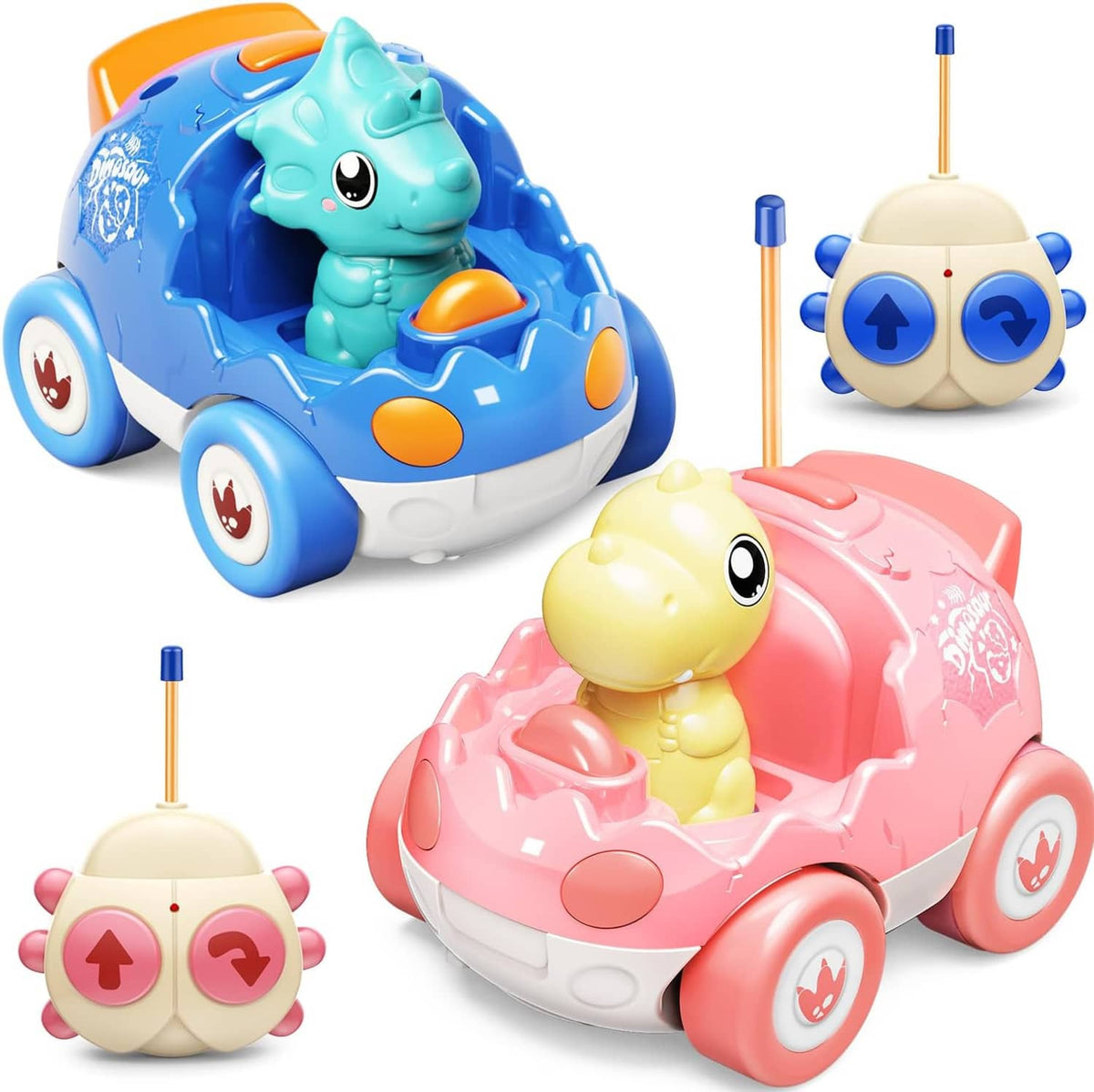 Two-pack remote control dinosaur cars: blue dinosaur driver and pink dinosaur driver