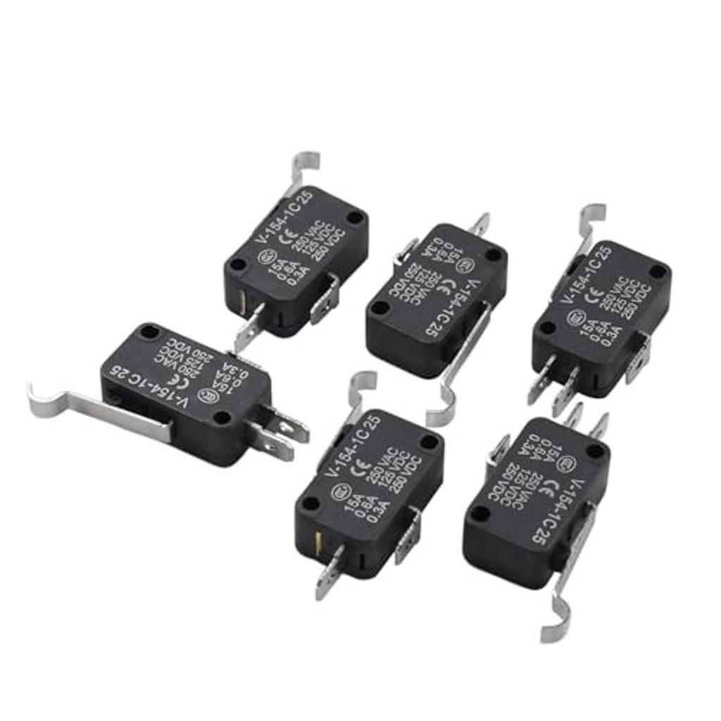 Assorted black micro switches with mounting ears and 3-prong pin terminals