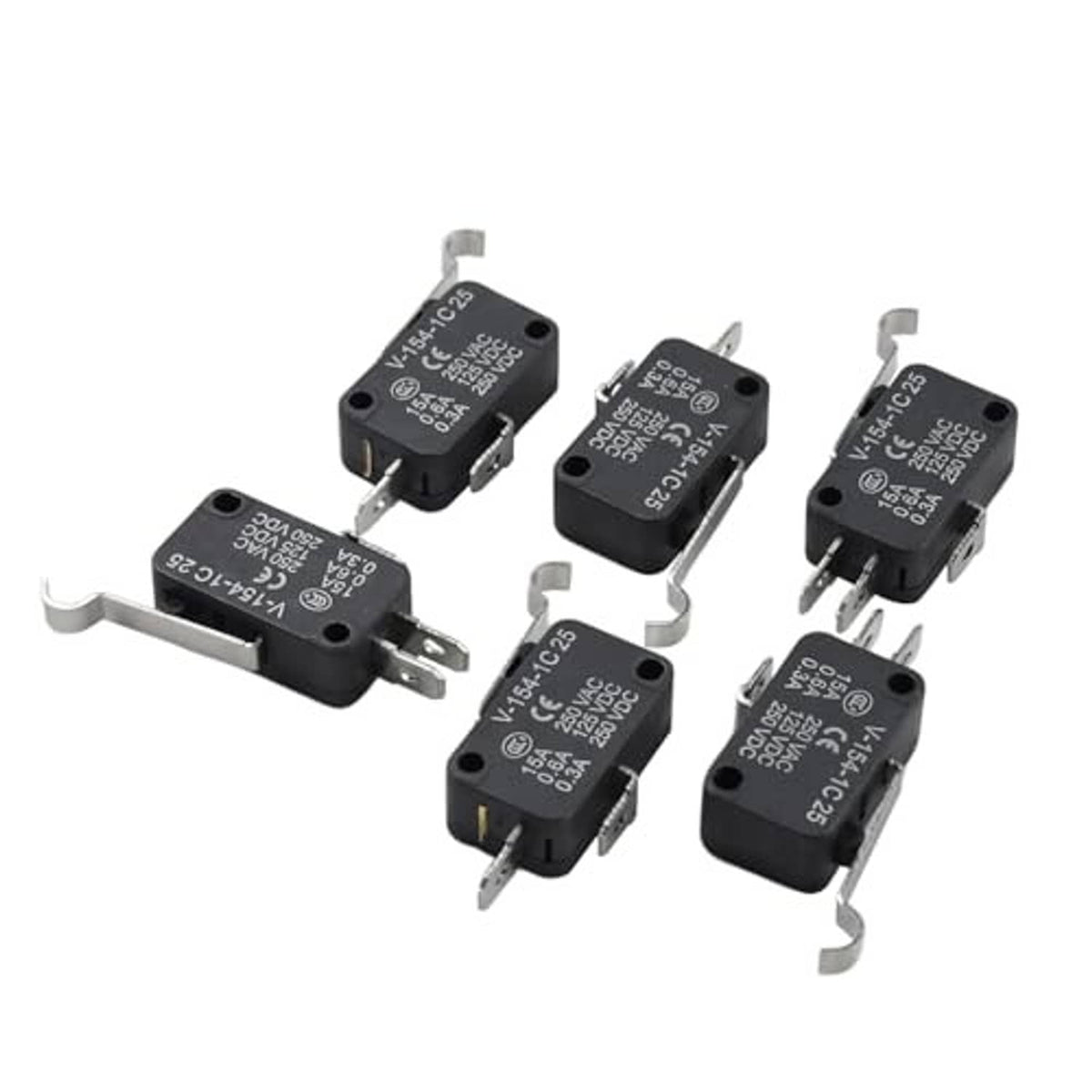 Assorted black micro switches with mounting ears and 3-prong pin terminals