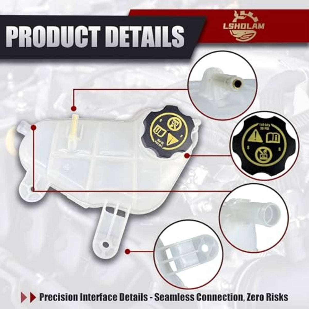Coolant overflow reservoir tank with cap and connector details, translucent white body