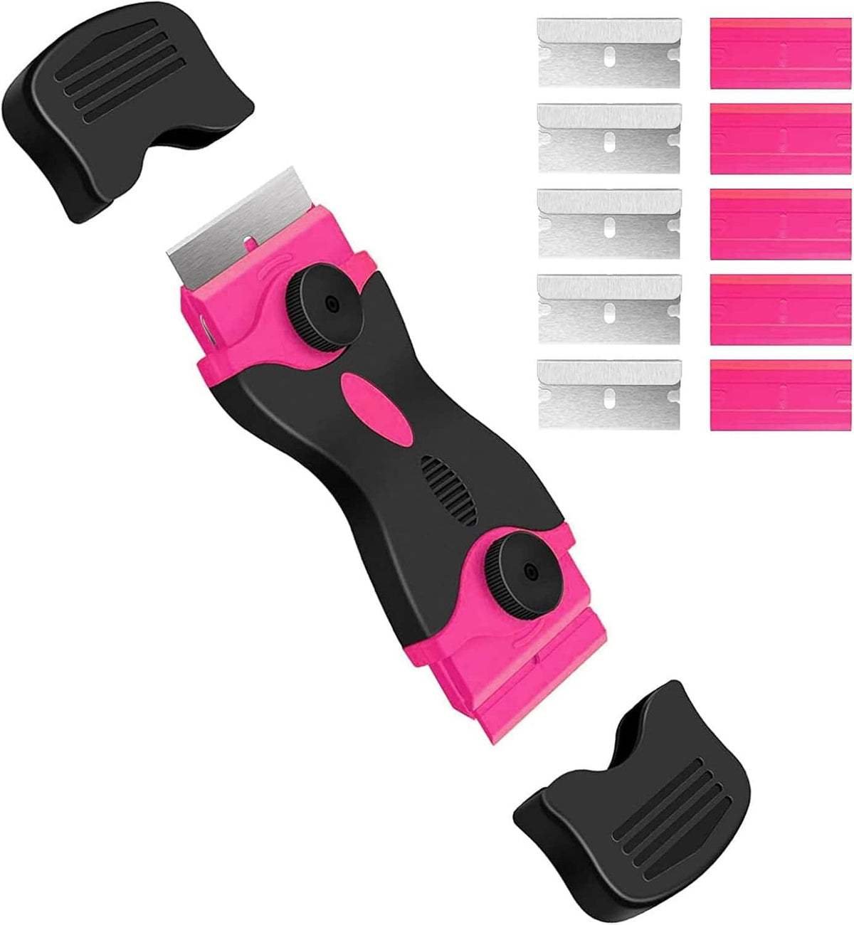 Double-edged razor blade scraper with black and pink handle and mounted steel blade