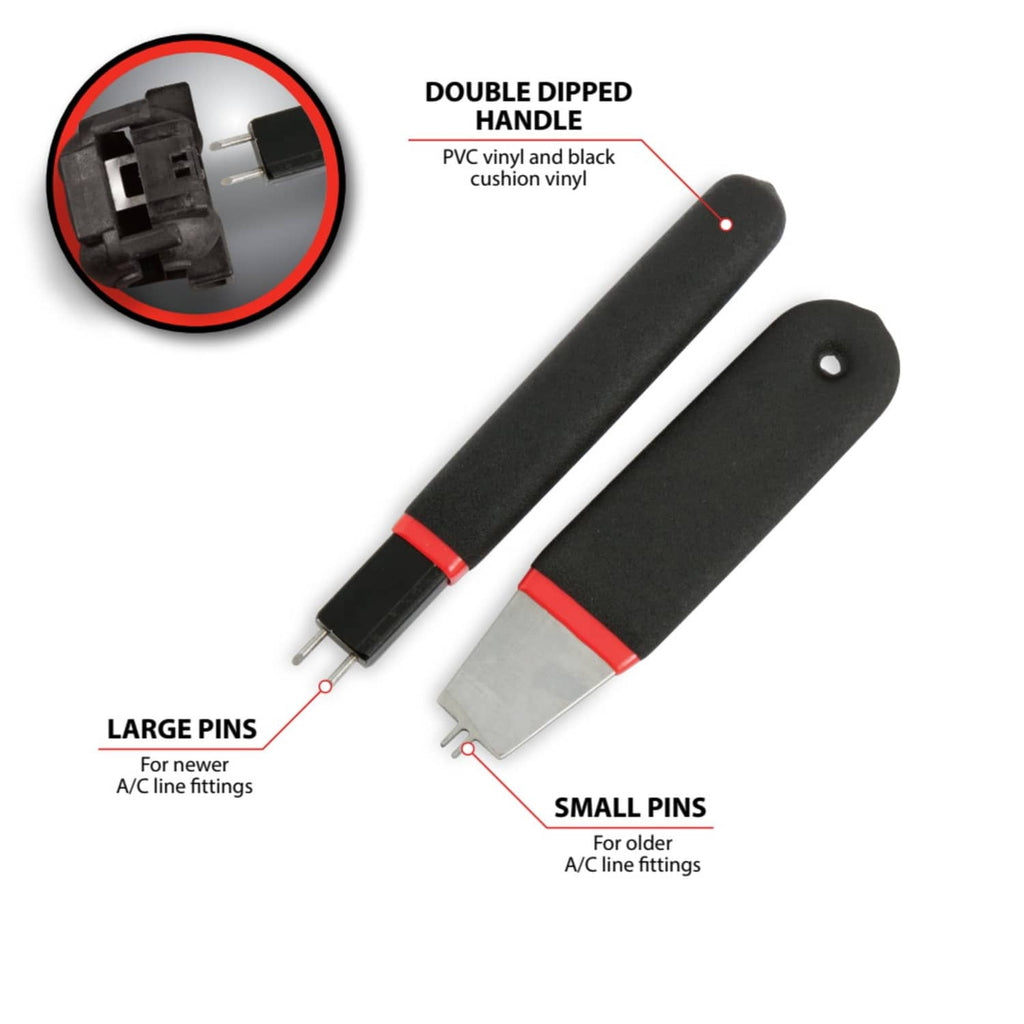 A/C line disconnect tools showing large and small two-pin metal ends on black handles