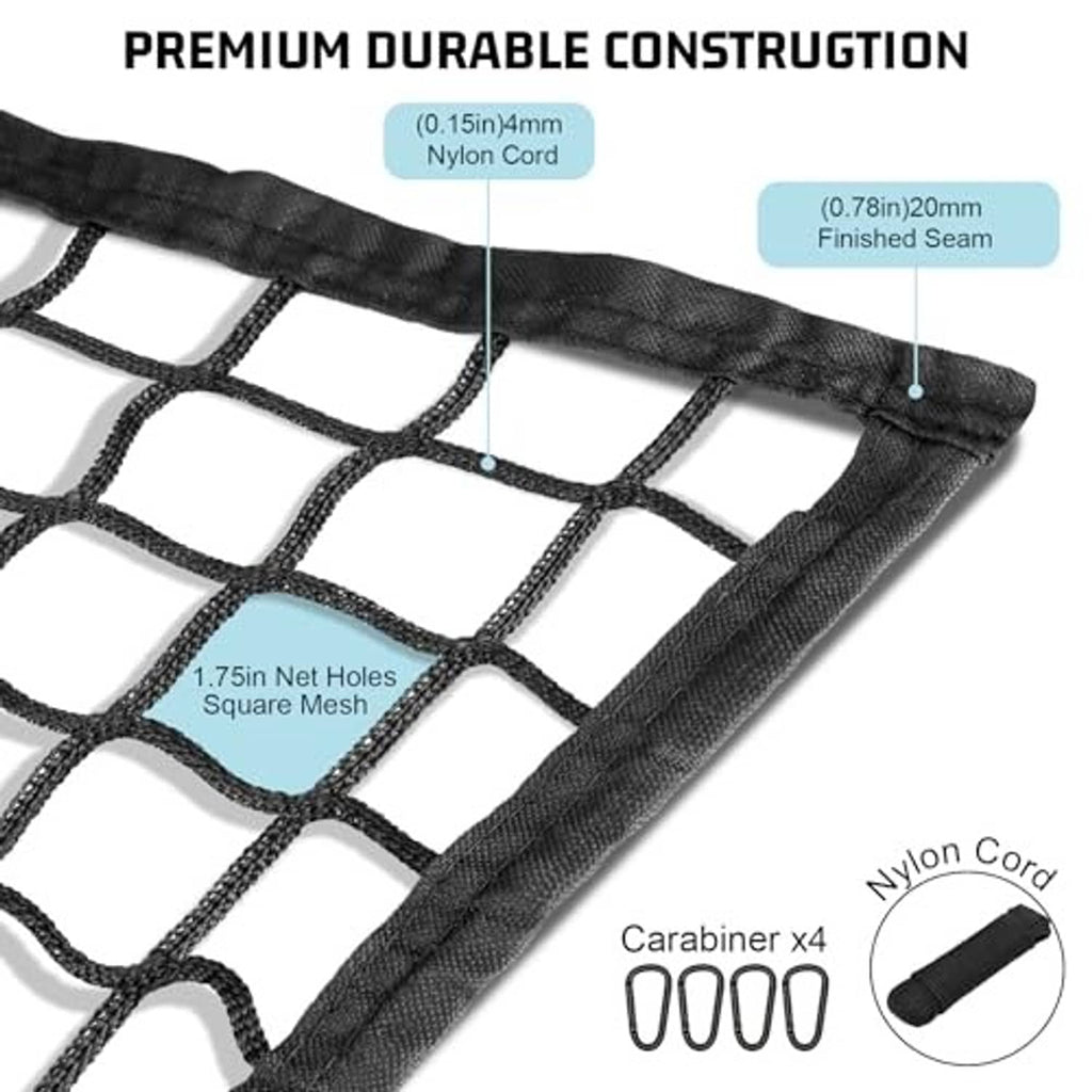 Close-up of black nylon-cord netting seam with square mesh holes
