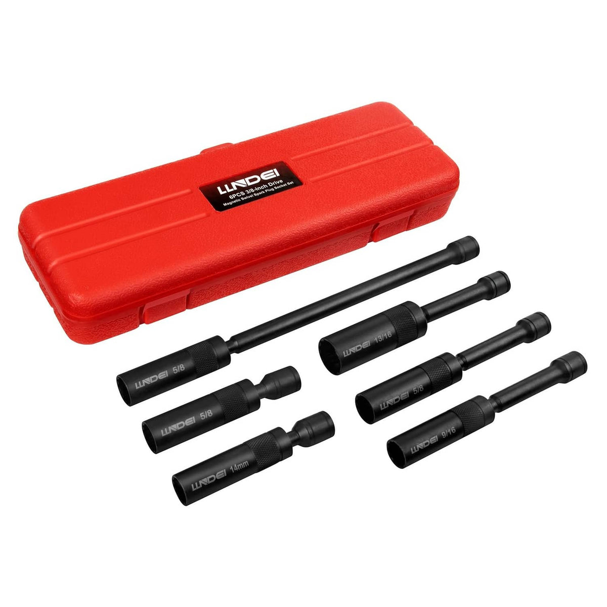 Red case with black magnetic swivel spark plug sockets, 3/8 in, 6-piece set