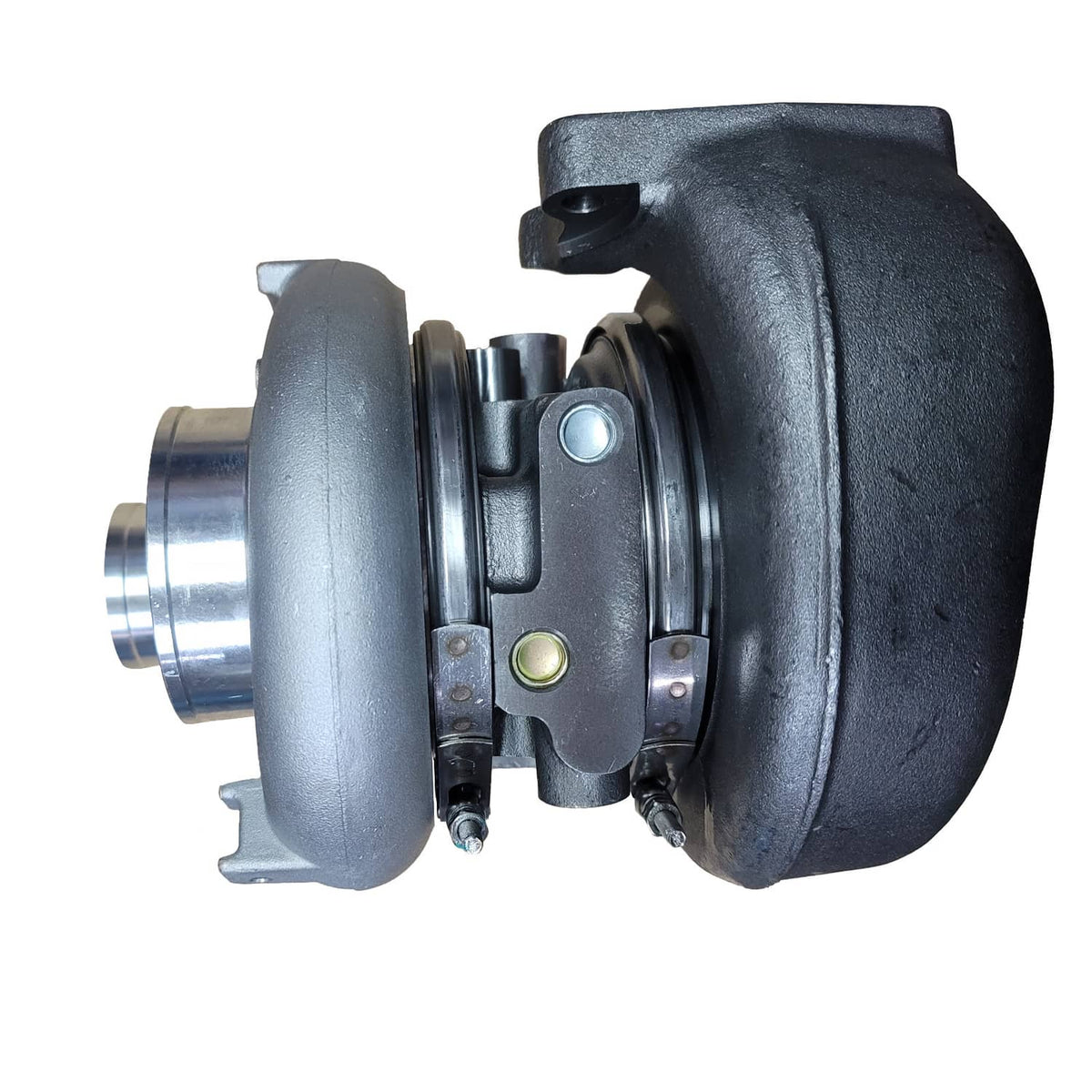 Turbocharger with actuator components and curved housings, side view