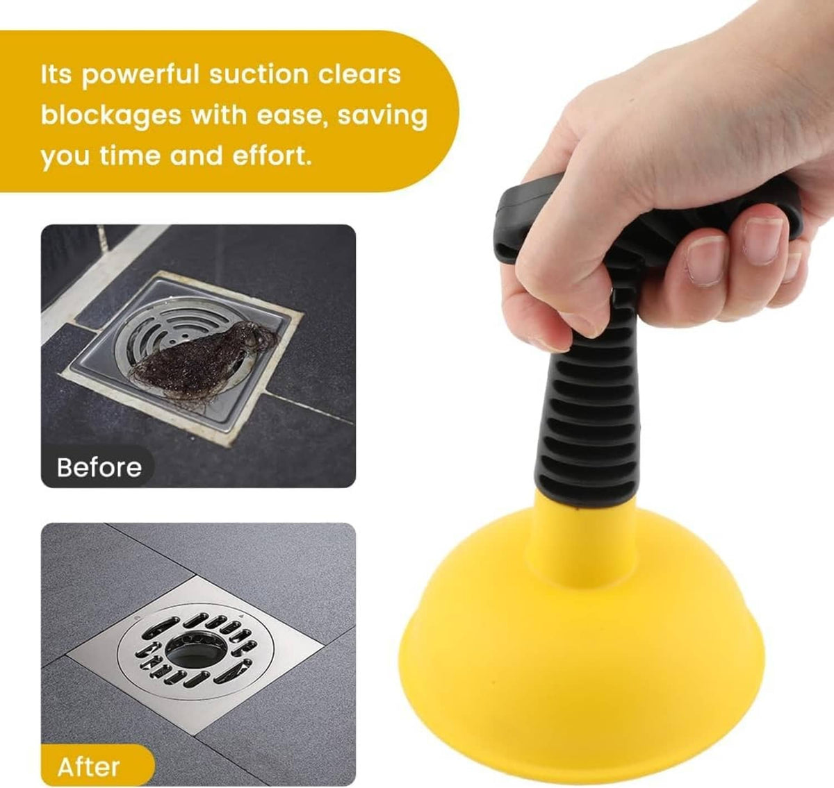 Mini sink plunger with yellow cup and black short ridged handle