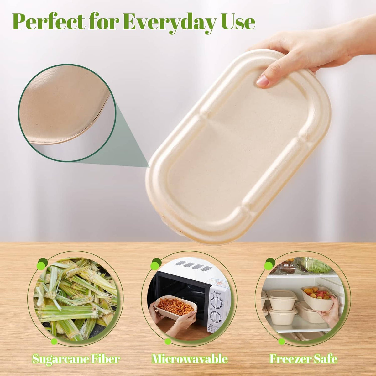 Disposable food container with light beige lid, held open by hand