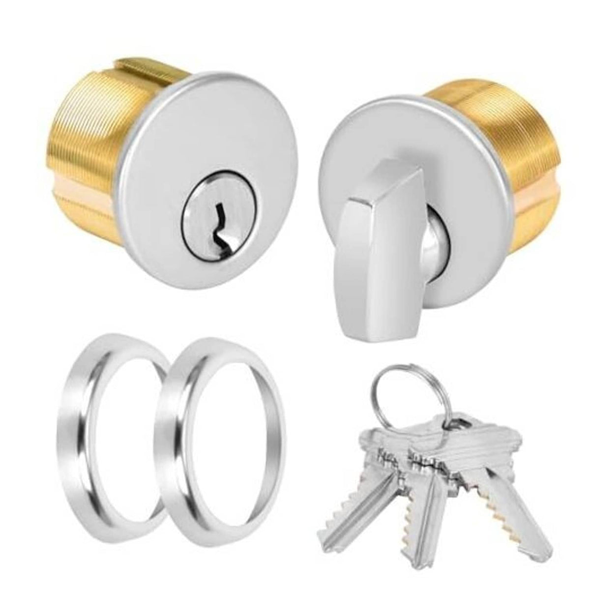 Mortise lock cylinder with oval silver face, brass body, includes keys and key ring.