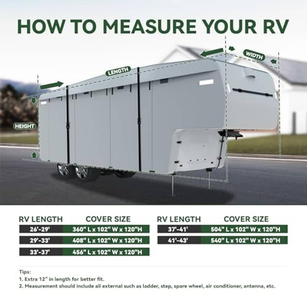 5th wheel RV cover size measuring guide with length, width, and height chart