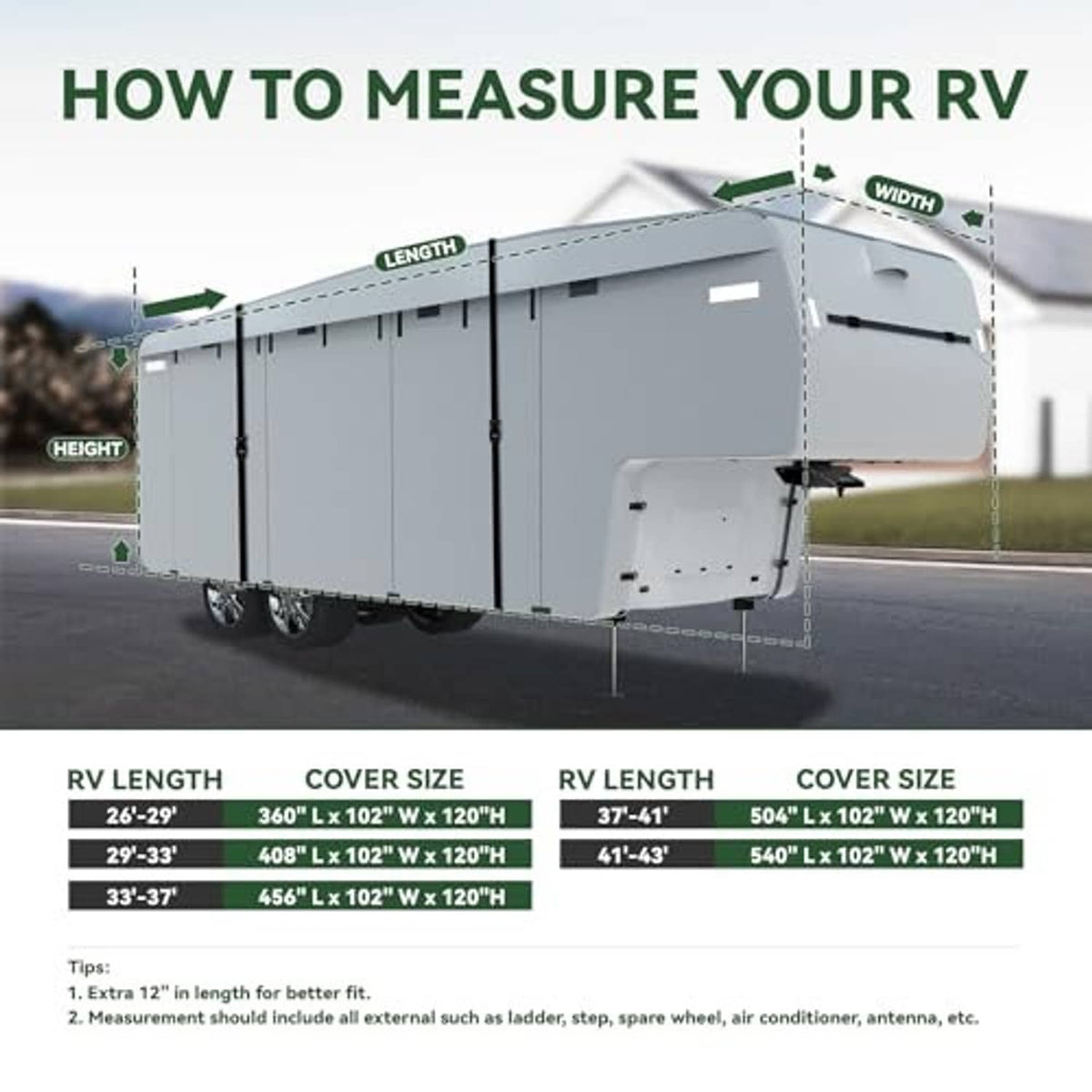 5th wheel RV cover size measuring guide with length, width, and height chart