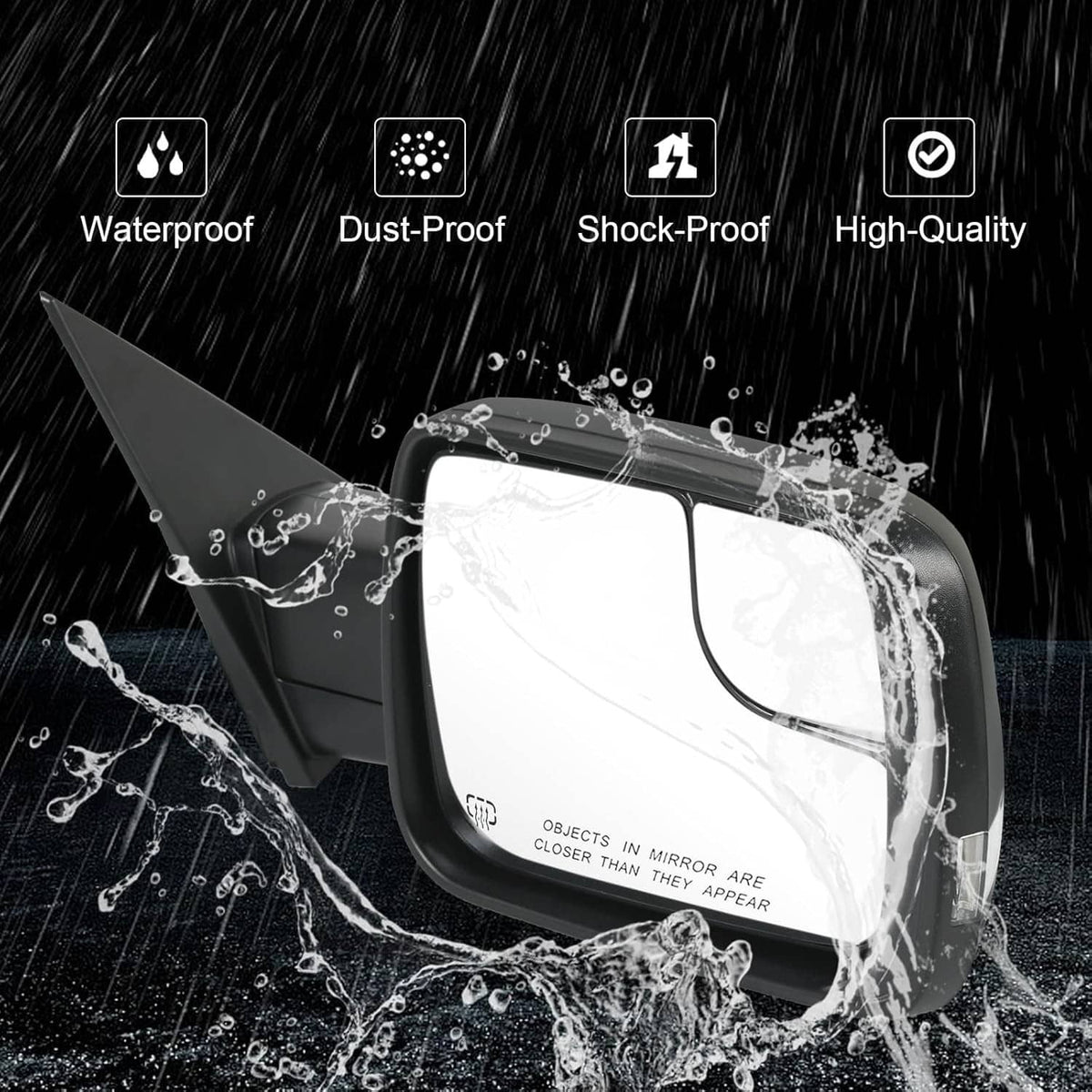 Black heated side mirror with turn signal, waterproof design shown with water splash