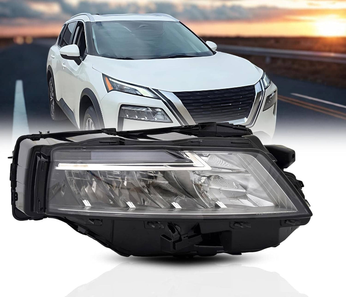 Right passenger-side LED headlight assembly with clear lens and black housing