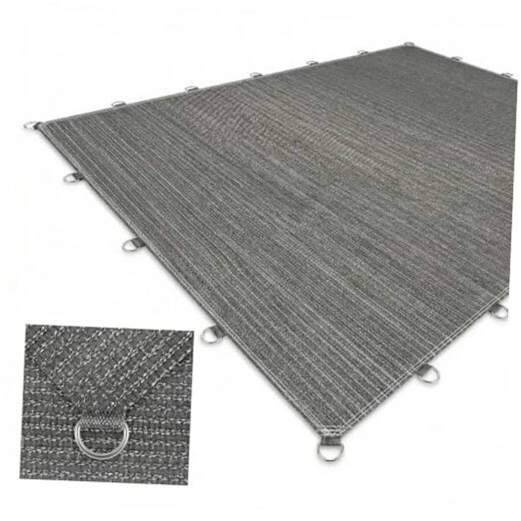 Gray sun shade cloth with reinforced D-ring grommets, folded corner and tie hardware