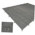 Gray sun shade cloth with reinforced D-ring grommets, folded corner and tie hardware