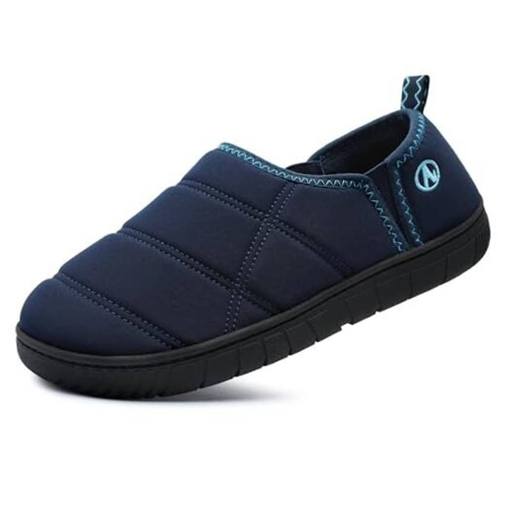 Blue slip-on memory foam house slipper with cushioned midsole and stitched upper