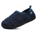 Blue slip-on memory foam house slipper with cushioned midsole and stitched upper
