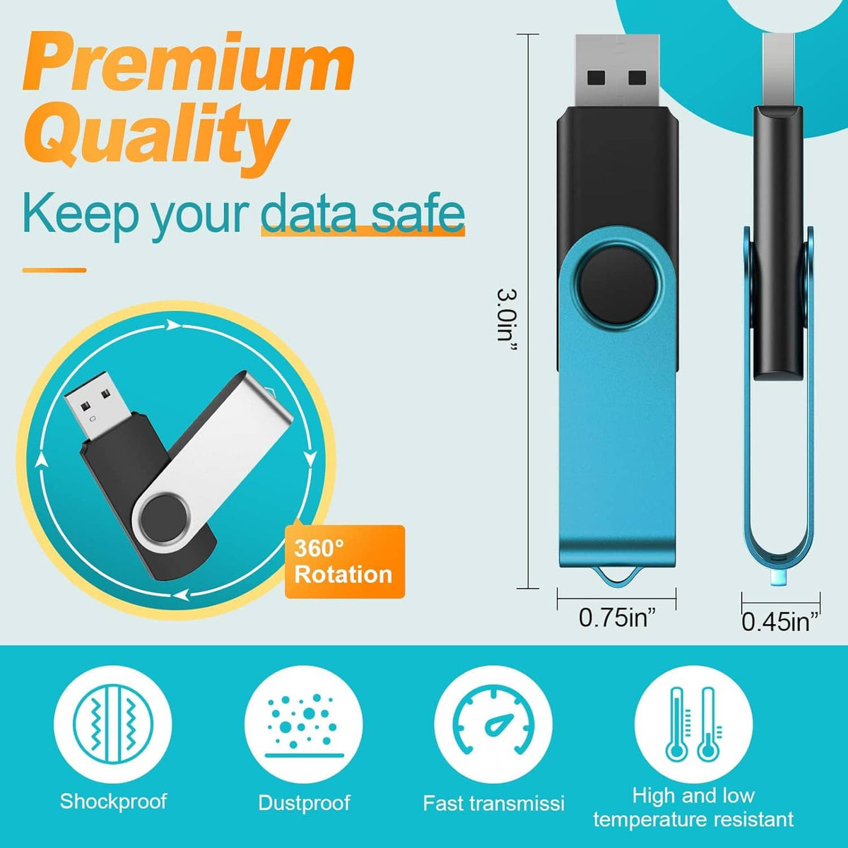 Blue USB flash drive and black USB flash drive with lanyard loops, shown side by side.