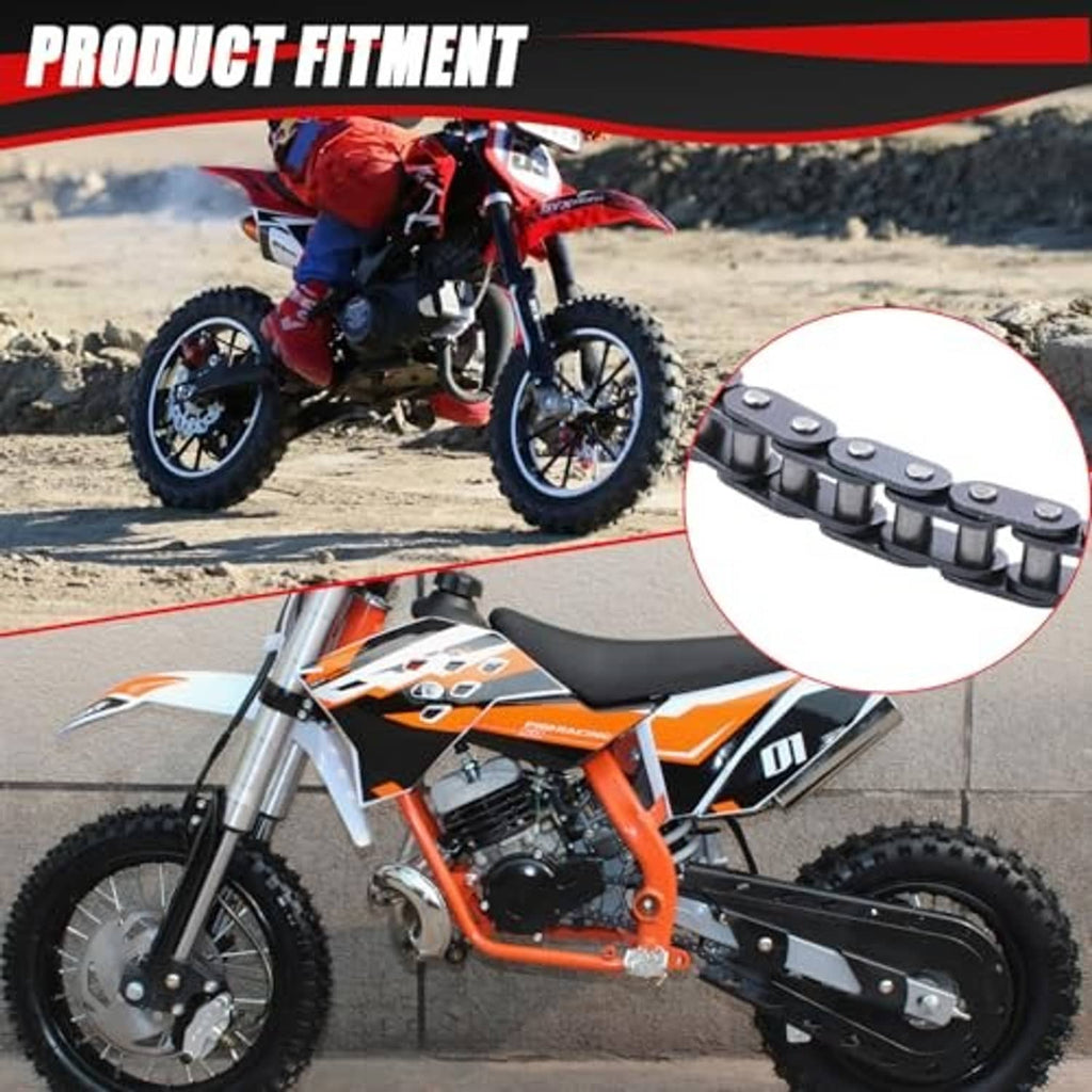 Blue roller drive chain on mini dirt bike with close-up link inset