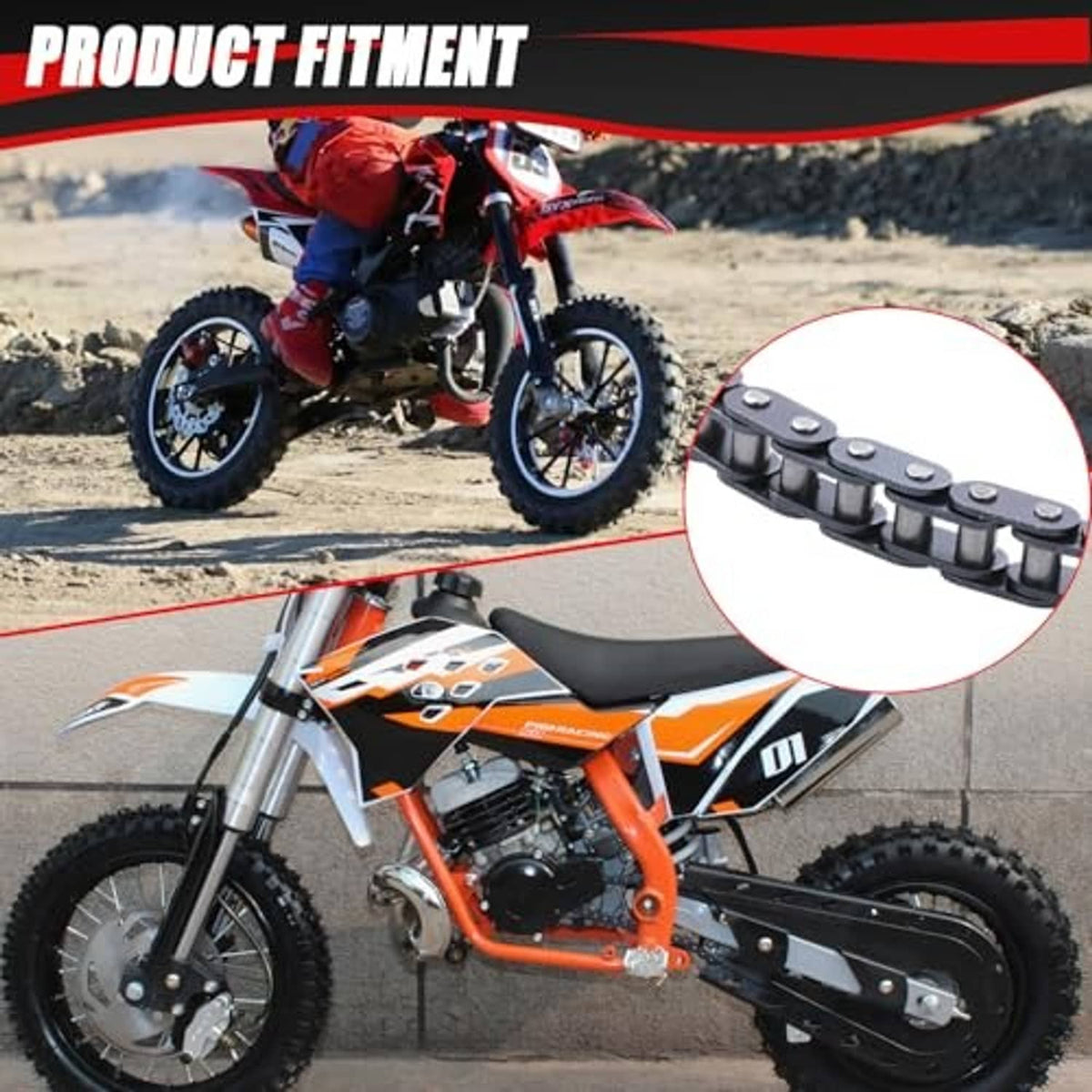 Blue roller drive chain on mini dirt bike with close-up link inset