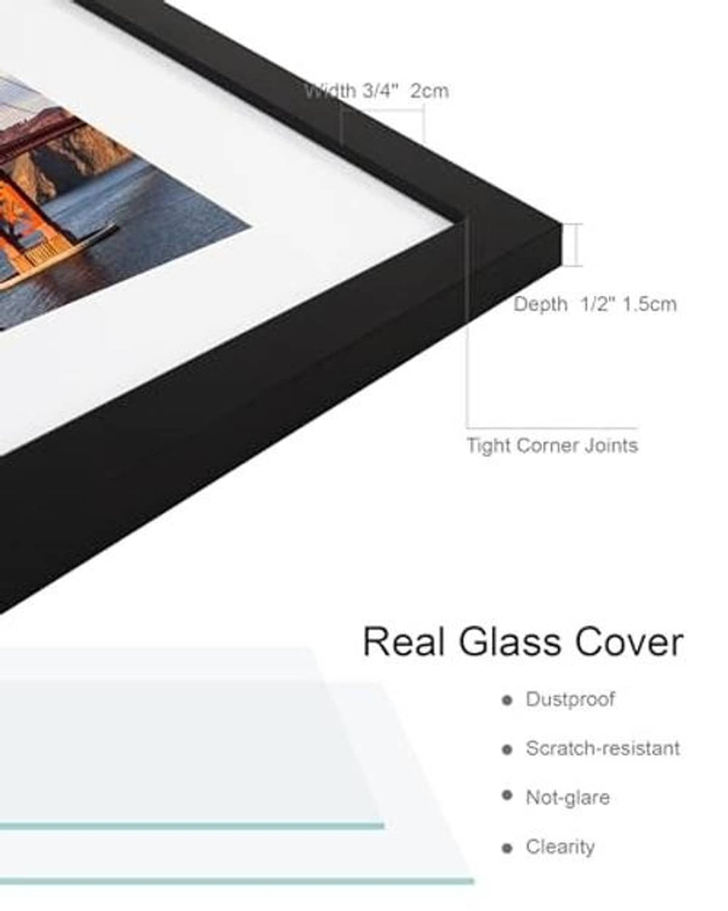 Black wooden 4x6 picture frame with real glass cover and tight corner joints