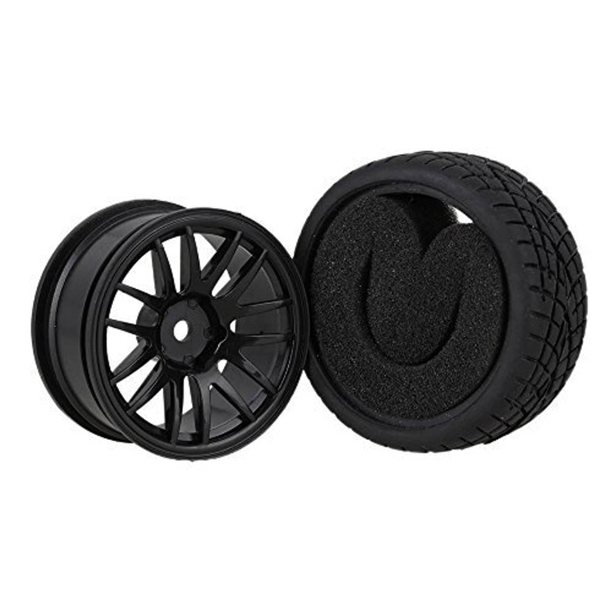 Black 14-spoke wheel rim with black tread tire and foam insert