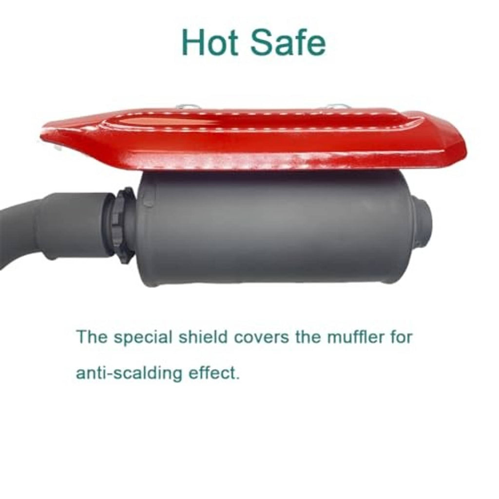 Go-kart exhaust muffler with red protective heat shield and black cylindrical muffler body