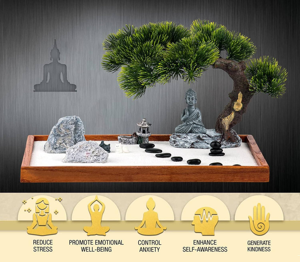 Mini zen garden kit with Buddha statue, carved pine tree, rocks, sand, and black stones