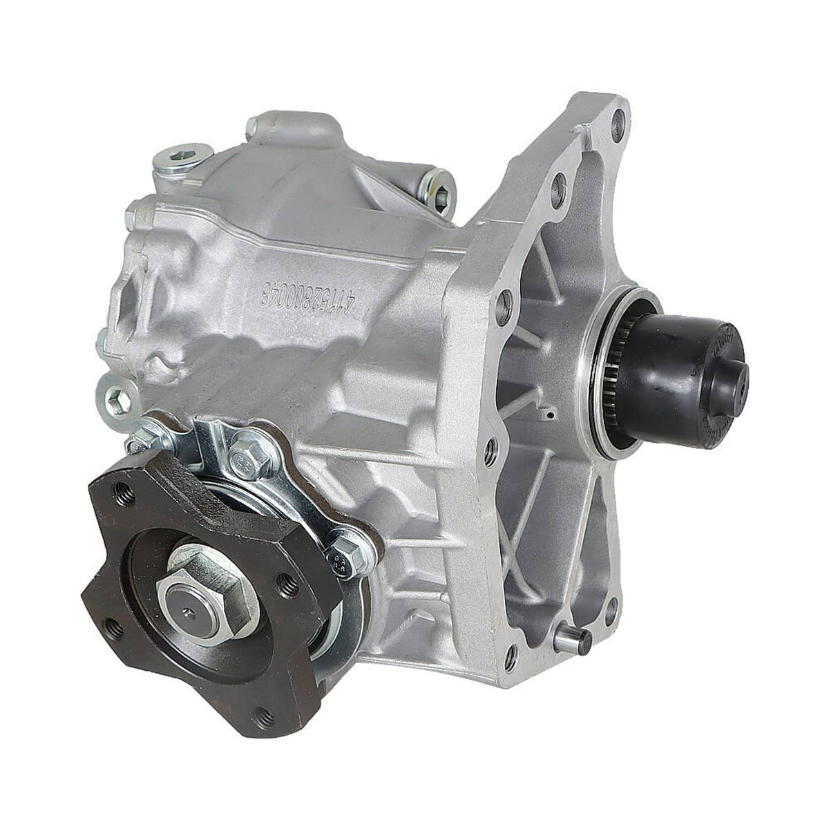 Transfer case assembly with black rubber-capped shaft and silver alloy housing