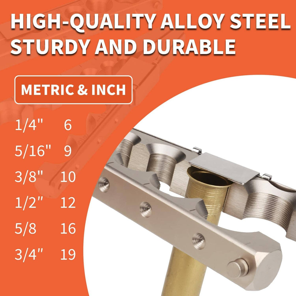 Alloy steel flaring tool head with size slots and copper tube sample
