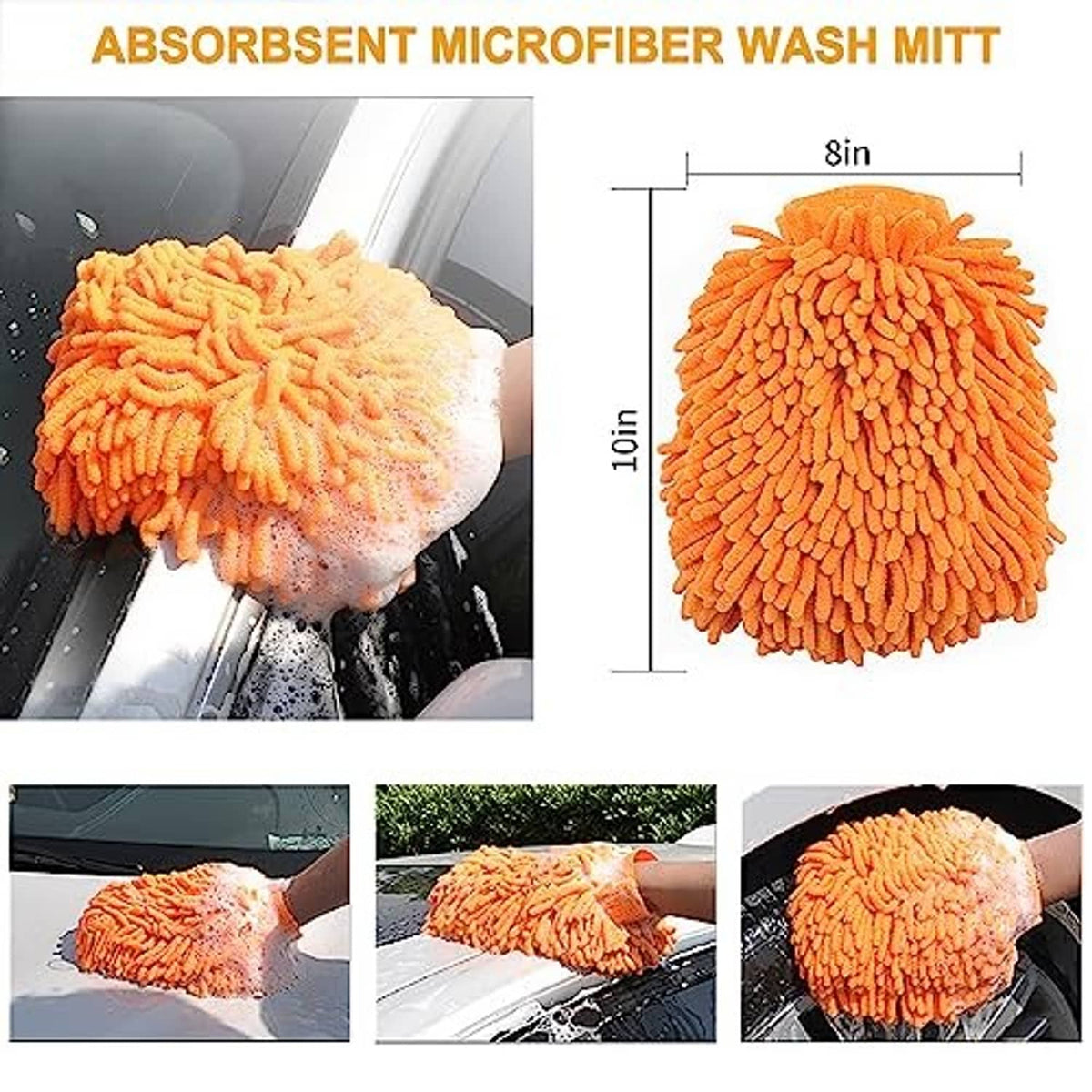 Absorbent microfiber wash mitt, orange, for washing and detailing