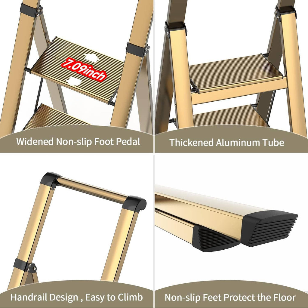 4-step ladder stool detail: wide non-slip foot pedal and thick aluminum support bars