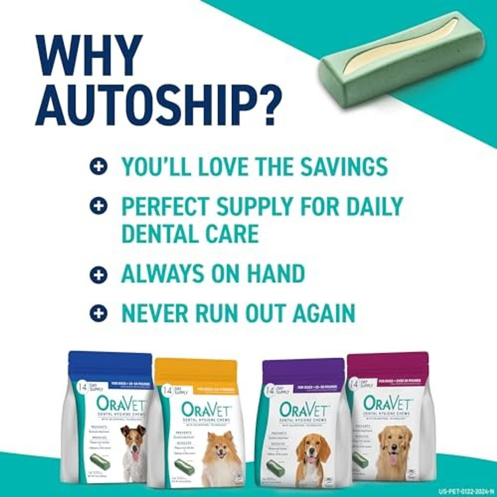 Promotional graphic with a mint-green chew and four dental chew bags pictured below