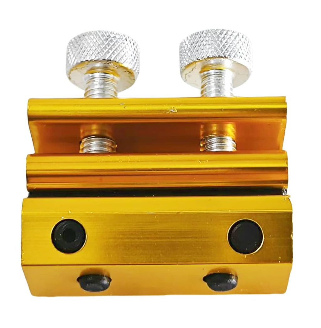Gold throttle cable tool with two knurled caps and two black rubber connector pads.