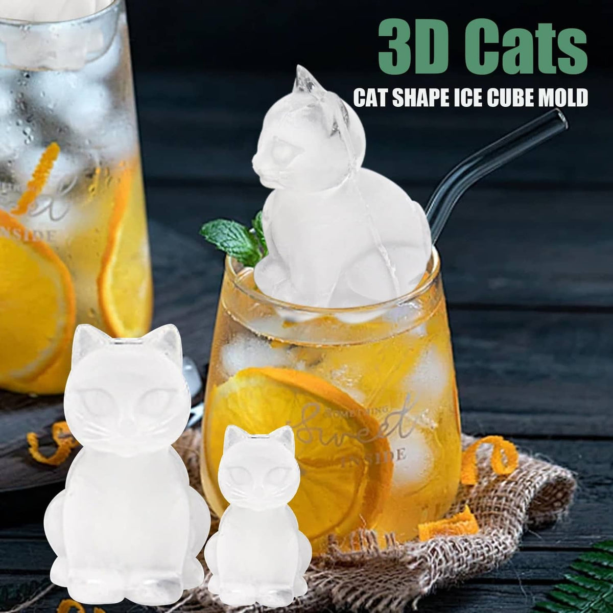 3D cat-shaped ice cubes floating in a glass of drink, white ice shapes