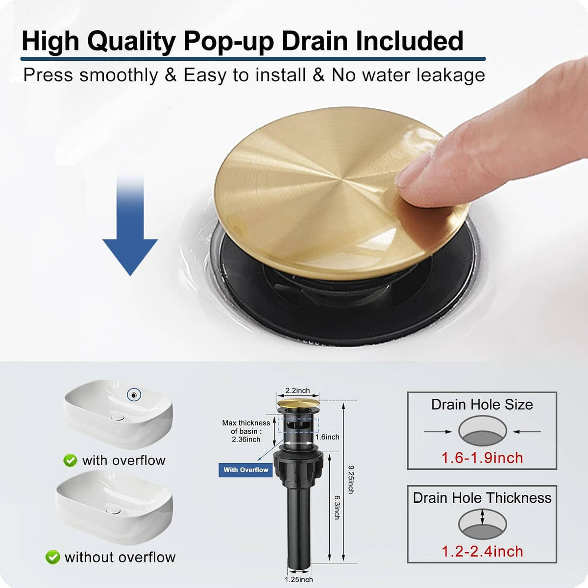 Gold pop-up drain included with matching cover and faucet body