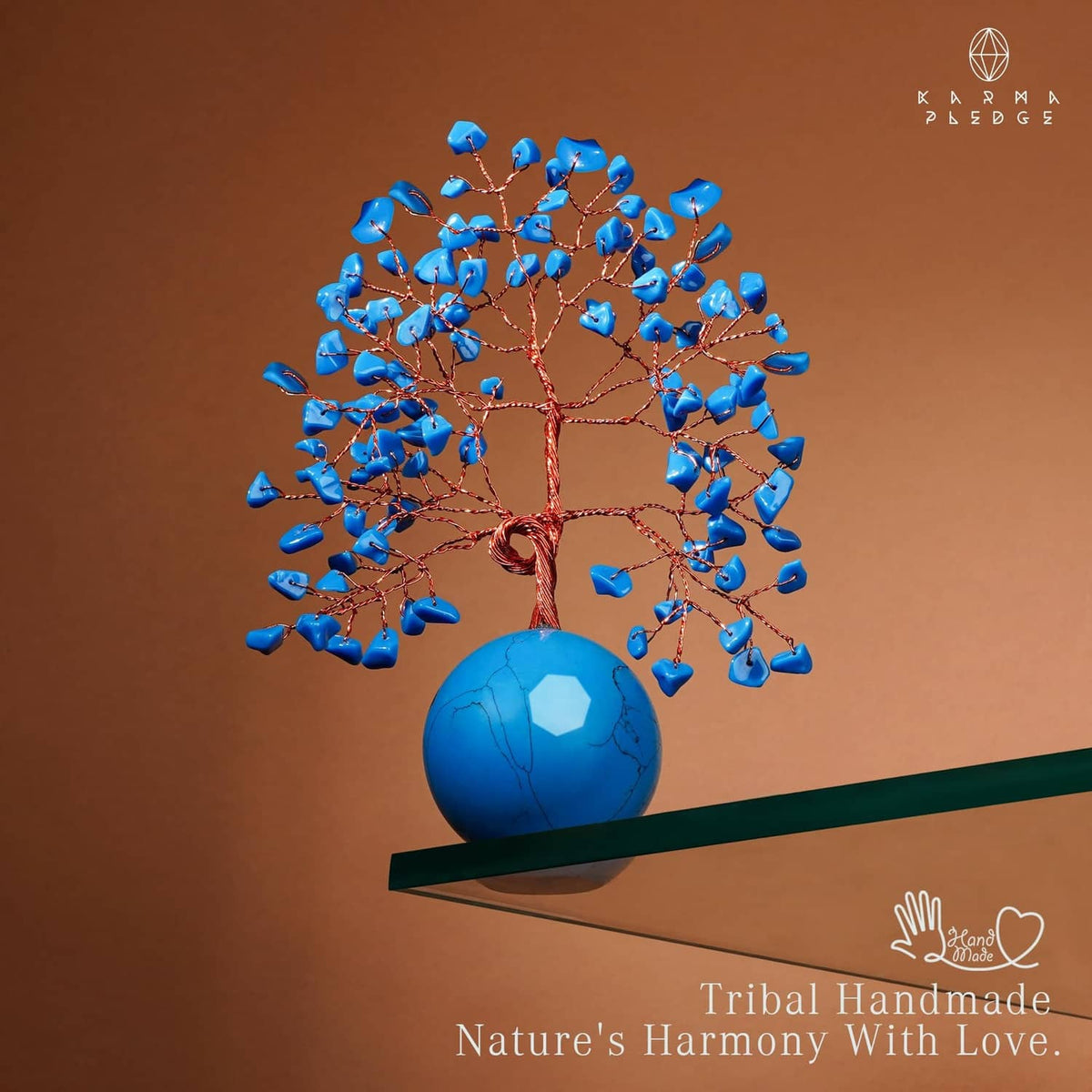 Turquoise ball base Tree of Life ornament with blue crystal leaves and red wire branches