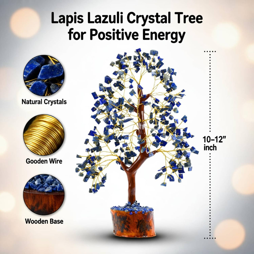 Lapis lazuli crystal tree with golden wire branches and amber wooden base, full view