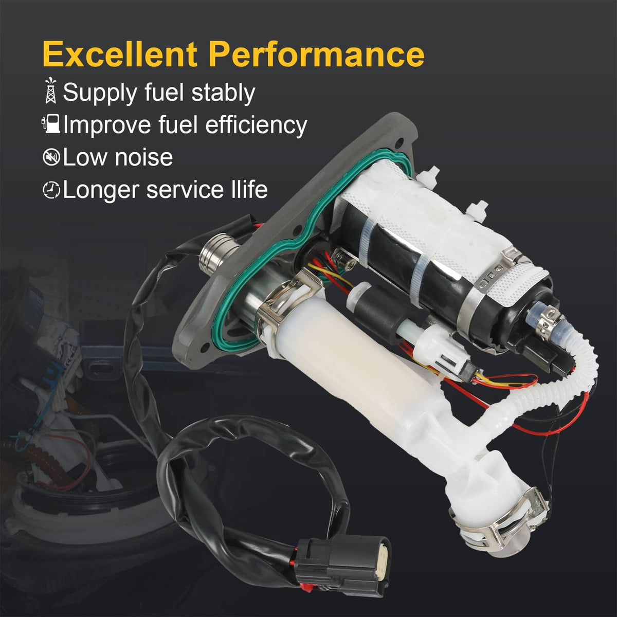 In-tank fuel pump module with white cartridge, metal strainer, and green gasket ring