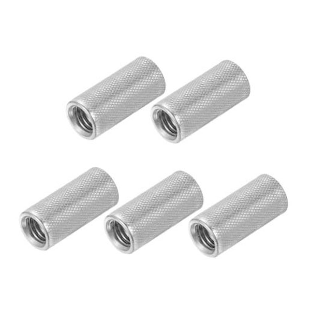 Round knurled connector nuts, silver metal, with visible internal threads