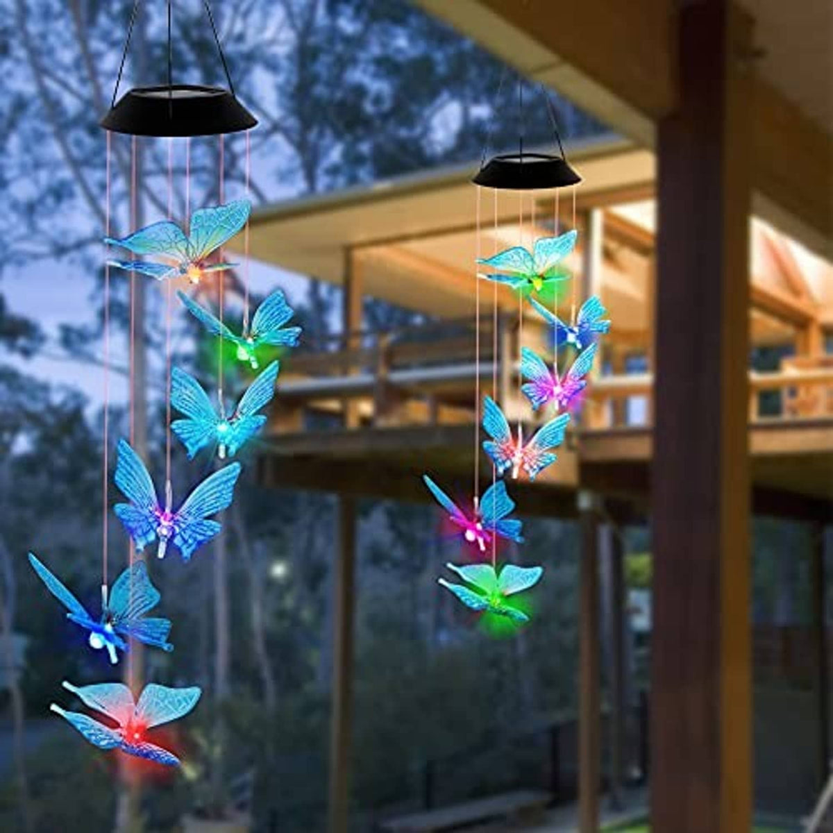 Outdoor solar LED butterfly wind chime with multicolor glowing butterflies suspended from black caps