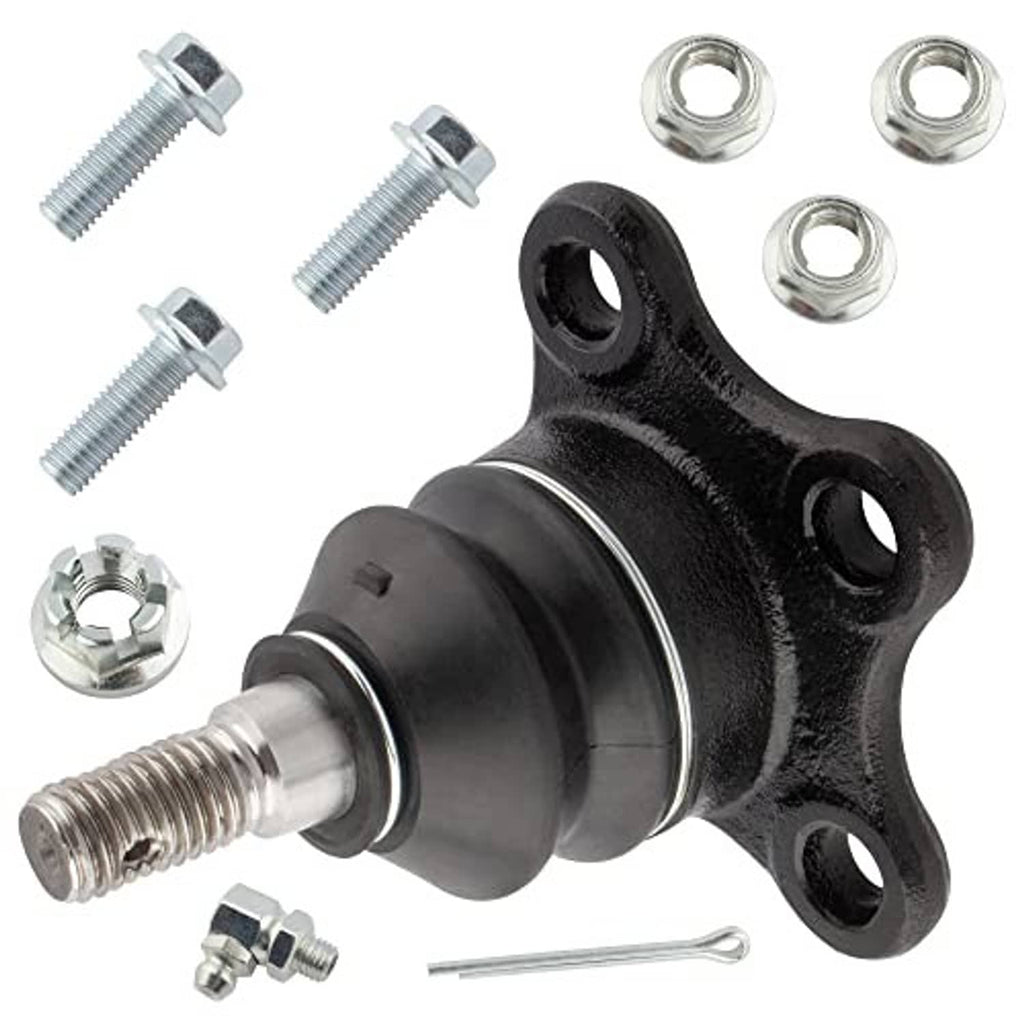 Upper ball joint with black boot and silver stud, flange bracket, included nuts and bolts