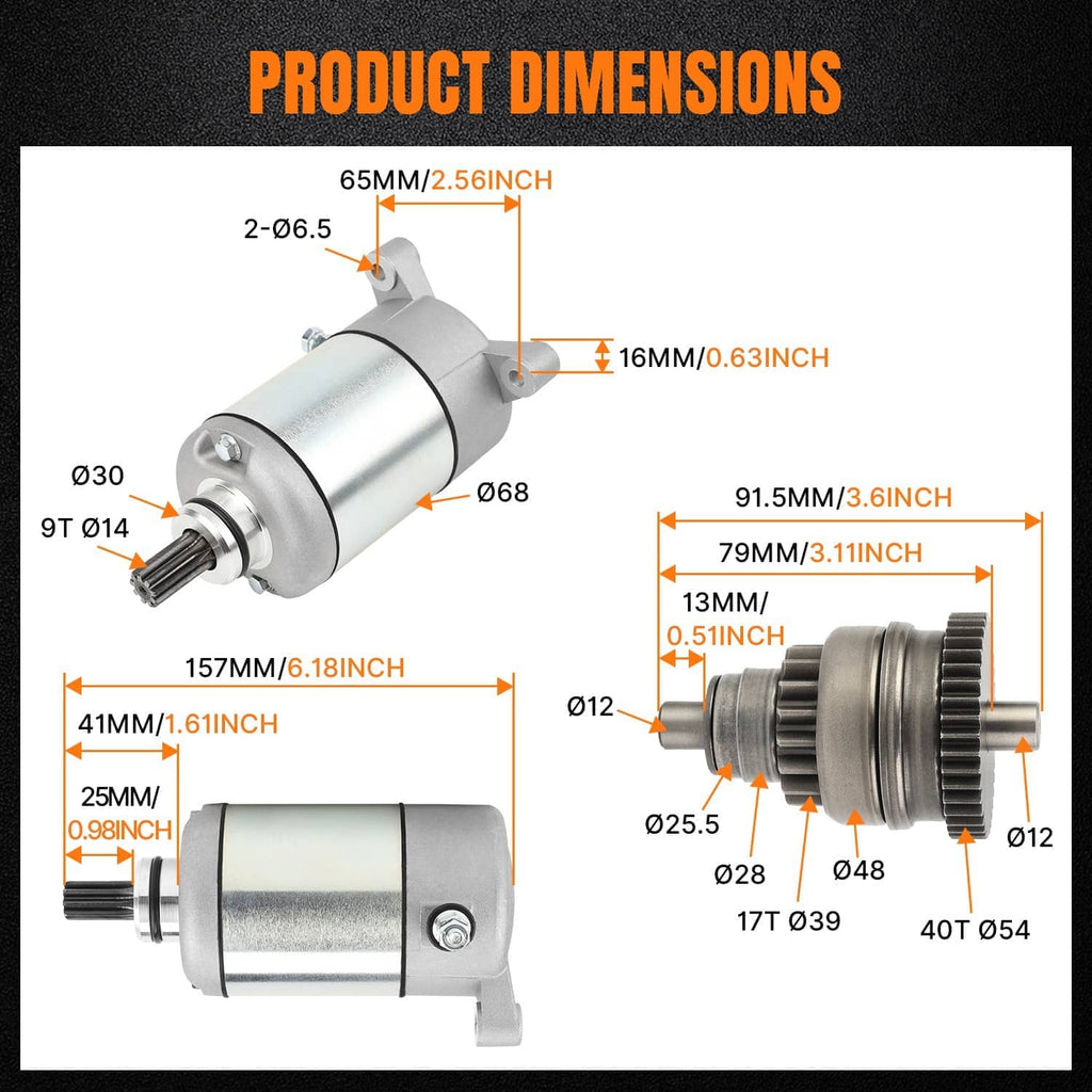 ATV starter motor product dimensions diagram with measurement callouts and gear section