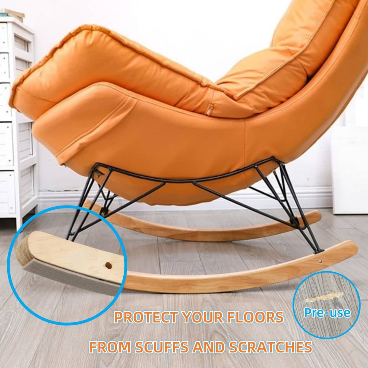 Beige felt adhesive pads under chair feet to help prevent scuffs and scratches