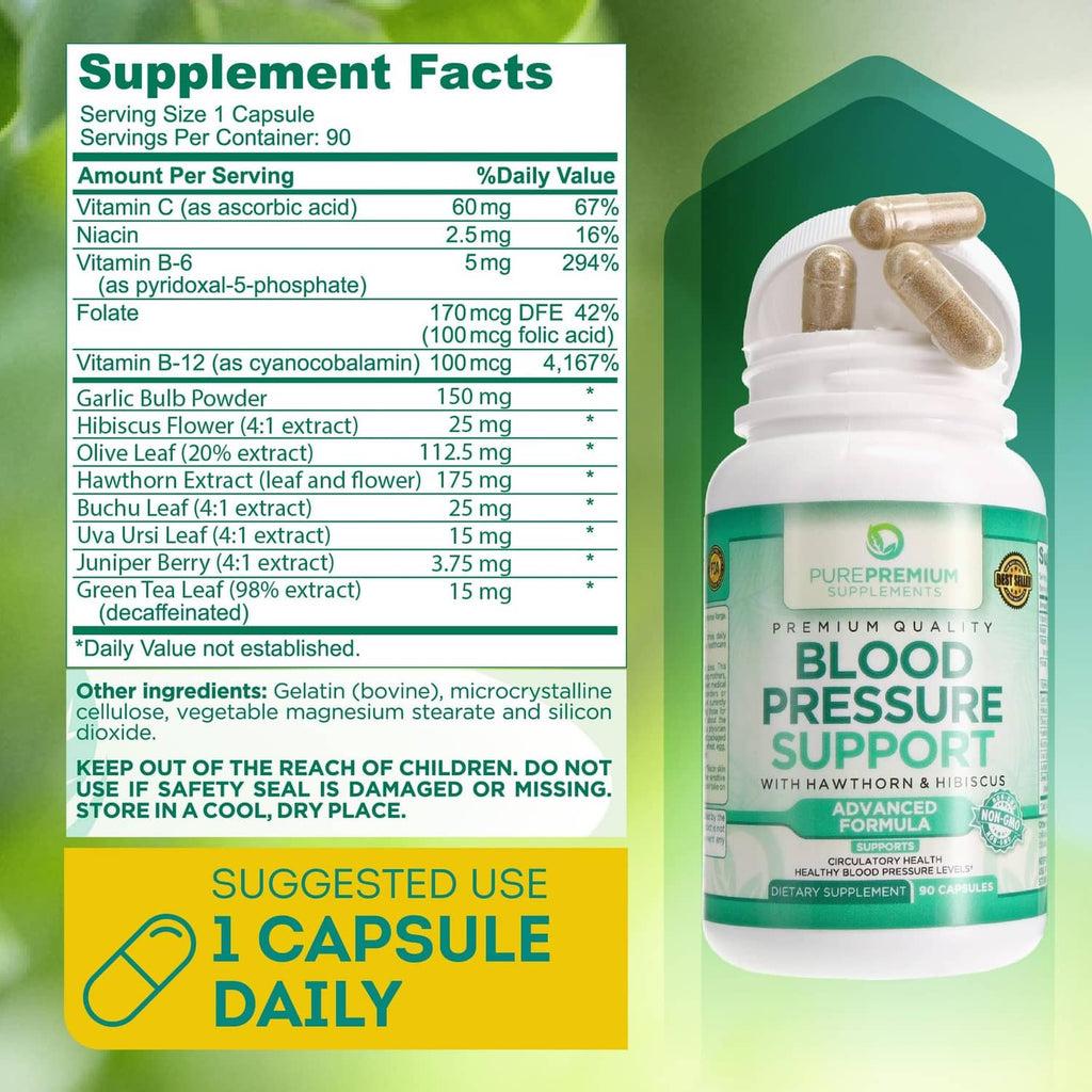 Blood pressure support supplement bottle with supplement facts label and serving directions